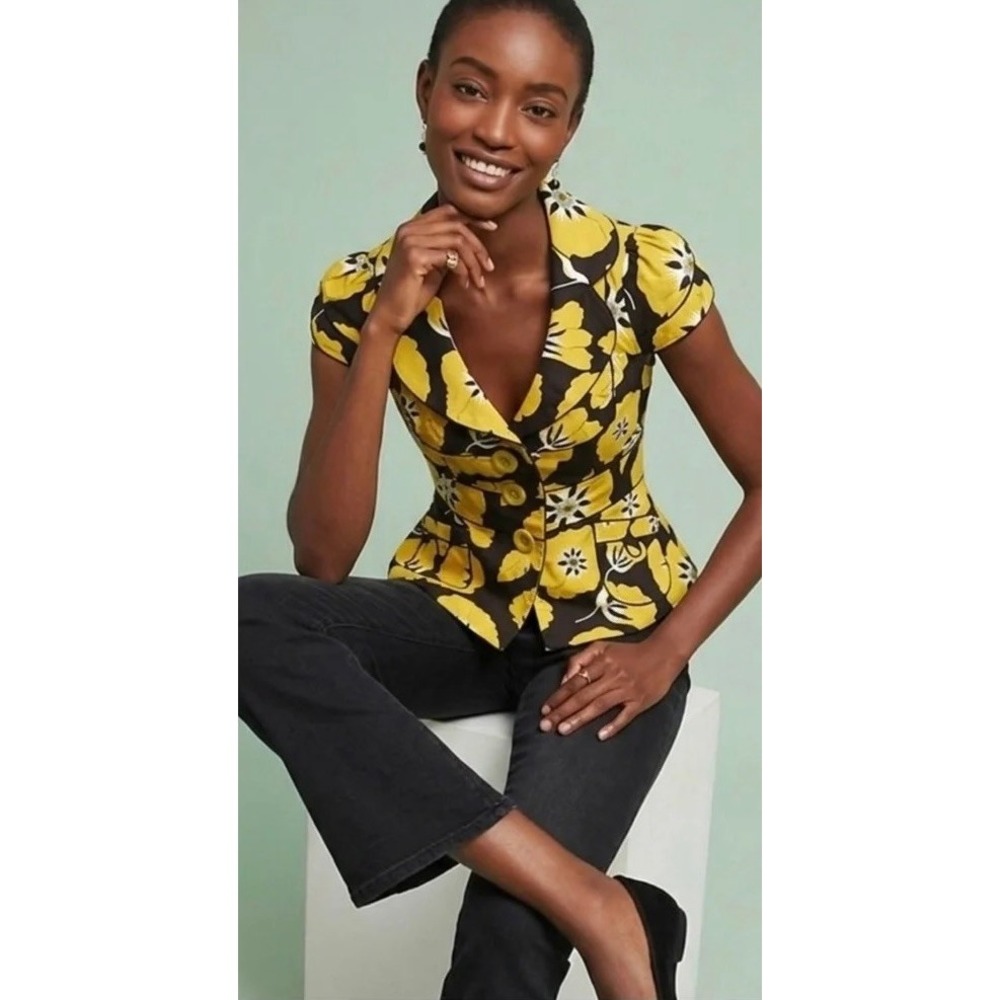 Anthropologie ELEVENSES Ponceau Peplum Jacket Yellow Brown Poppy Floral Size 6